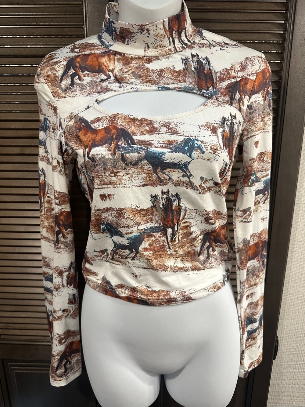 Womens Horse Print Cutout Long Sleeve Top - Cream/Brown